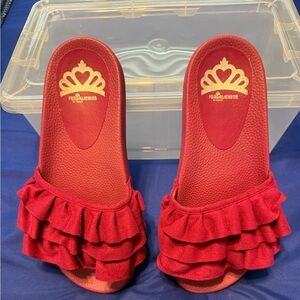 Fergalicious Burgundy Ruffle Slide Slippers